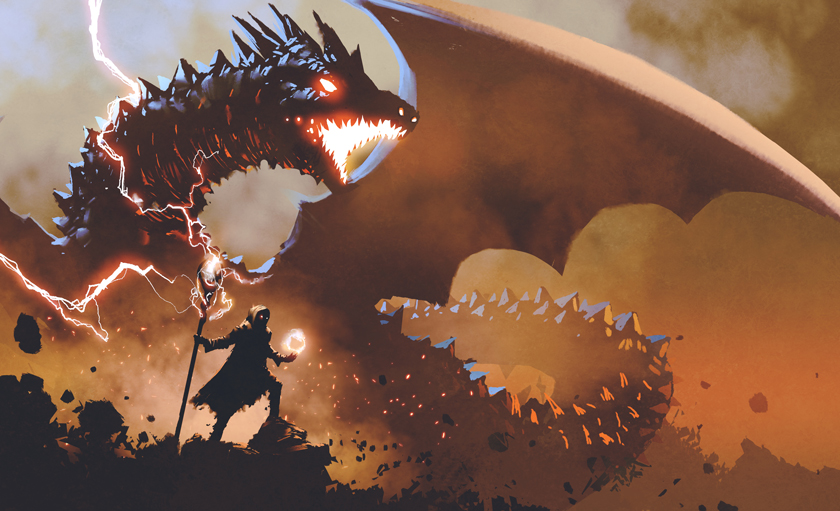 Foreground: A wizard with staff of lightning and magically powerful orb. Background: Enormous dragon with glowing mouth and eyes, wings extended
