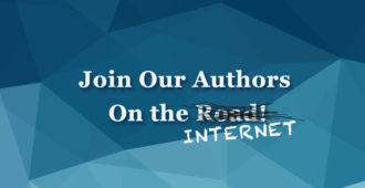 White Text On Blue Geometric Background Reading: 'Join Our Authors On the Internet.'