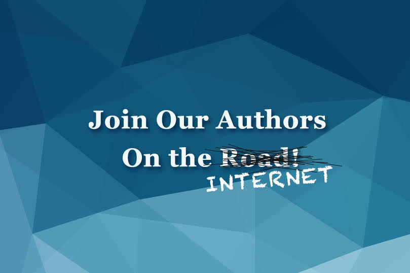 White Text On Blue Geometric Background Reading: 'Join Our Authors On the Internet.'