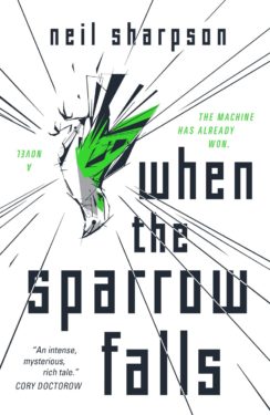 Falling lineart sparrow and cover text for When the Sparrow Falls by Neil Sharpson