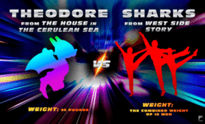 Graphic of Theodore the Wyvern from The House in the Cerulean Sea by TJ Klune vs. the Sharks from West Side Story