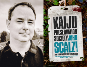 John Scalzi author photo (left) Kaiju Preservation Society (right)