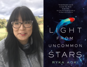 Ryka Aoki author photo (left) Light From Uncommon Stars cover (right)