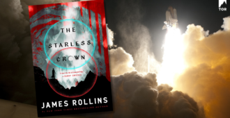 The Starless Crown by James Rollins in front of a blasting off rocket