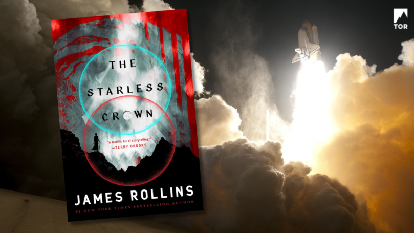 The Starless Crown by James Rollins in front of a blasting off rocket