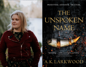 A. K. Larkwood author photo (left) The Unspoken Name cover (right)