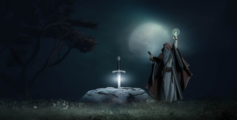 Sword embedded in stone with old bearded wizard casting magic over it