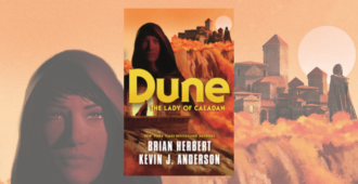 Cover of Dune: The Lady of Caladan over a blown up background of the same cover