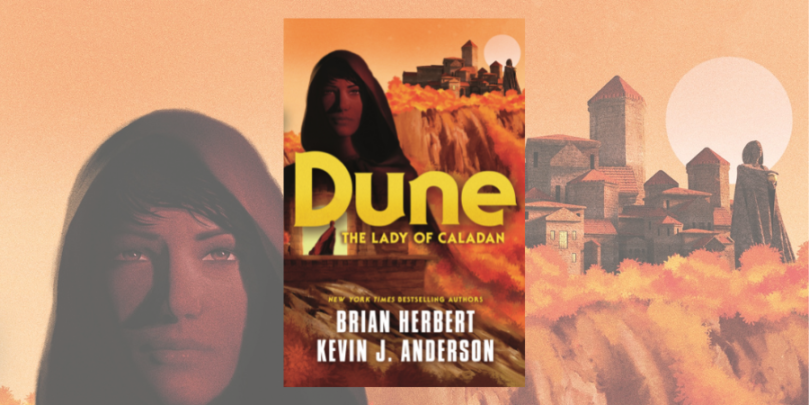 Cover of Dune: The Lady of Caladan over a blown up background of the same cover