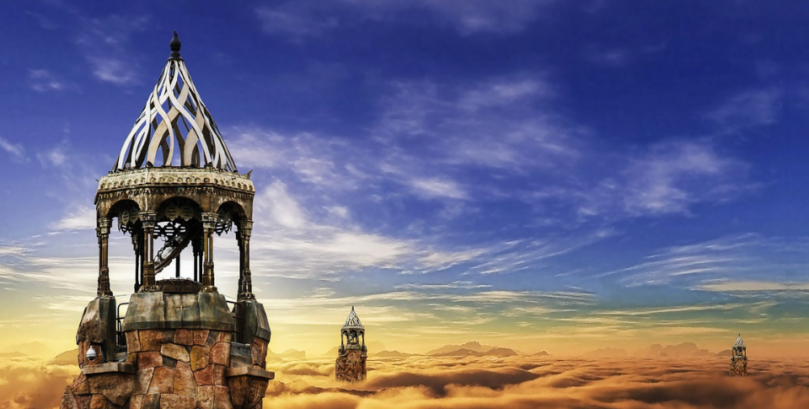 Spire rising above yellow clouds