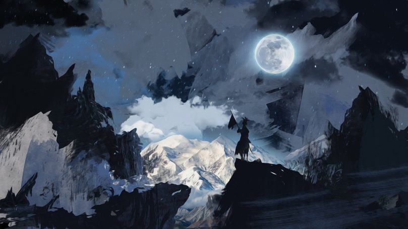 Silhouette of a medieval knight on the top of a cloudy mountain range under a pale moon