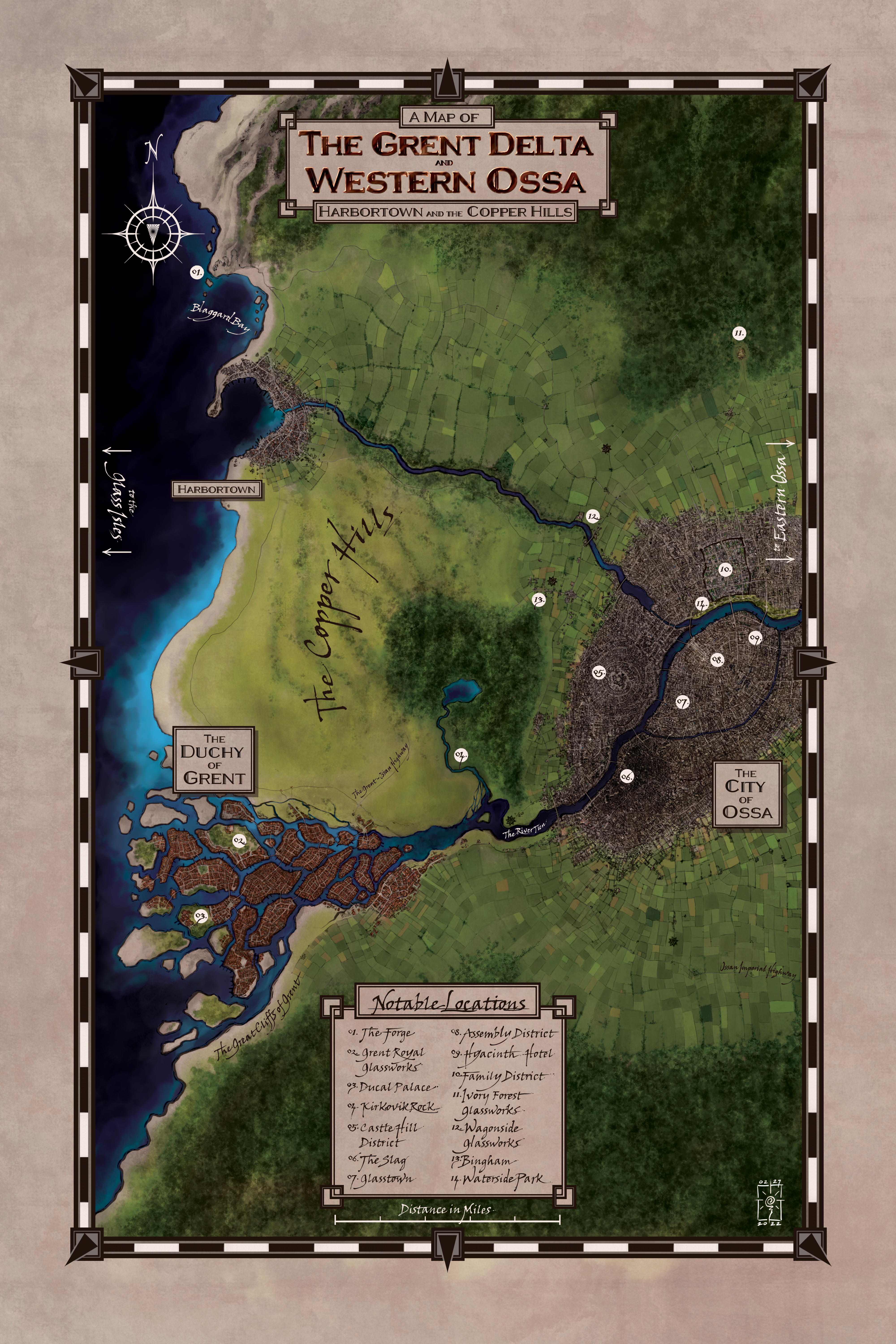 A Map of the The Grent Delta and Western Ossa, showing locations featured in In the Shadow of Lightning by Brian McClellan. It shows an western coast with a river leading into a large city