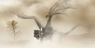 Mist and / or sand partially obscuring a lithe and fierce dragon, mid-roar