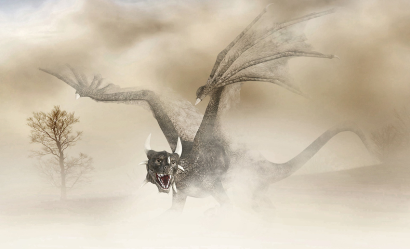 Mist and / or sand partially obscuring a lithe and fierce dragon, mid-roar