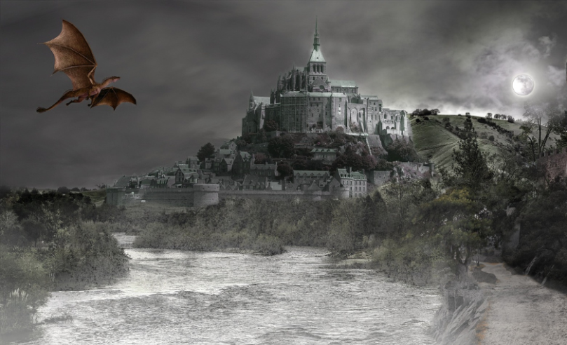 Gray night with much moonlight bathing a distant castle as a dragon approaches through the sky