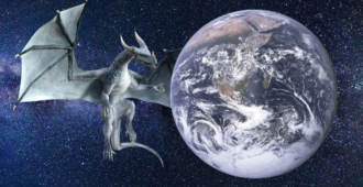 Star-studded space with a dragon that's the size of planet earth next to planet earth