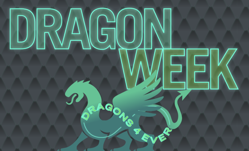 Turquoise neon text reading DRAGON WEEK with a winged turquoise neon dragon graphic over a gray pattern background
