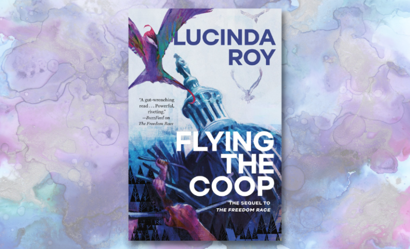Purple and blue background with cover of Flying The Coop by Lucinda Roy foregrounded