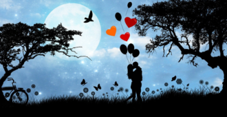 Beautifully blue, almost crystalline night with large moon and many stars in the background, with shadowed foreground including the following elements: flowers, trees, bike, butterflies, balloons, and embracing romantics