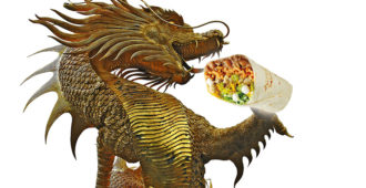 Golden dragon poised to eat a delicious burrito