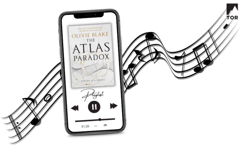 The Atlas Paradox Cover on a Smartphone screen that is labeled Playlist with an elastic staff of musical notes curling behind it in the background