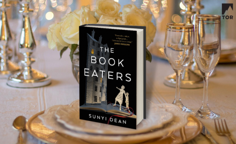 The Book Eaters by Sunyi Dean on a very fancy plate set up for a posh dinner of literally books