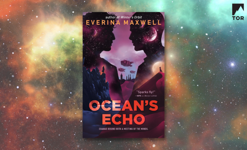 Ocean's Echo by Everina Maxwell laid over a nebula-strewn space background