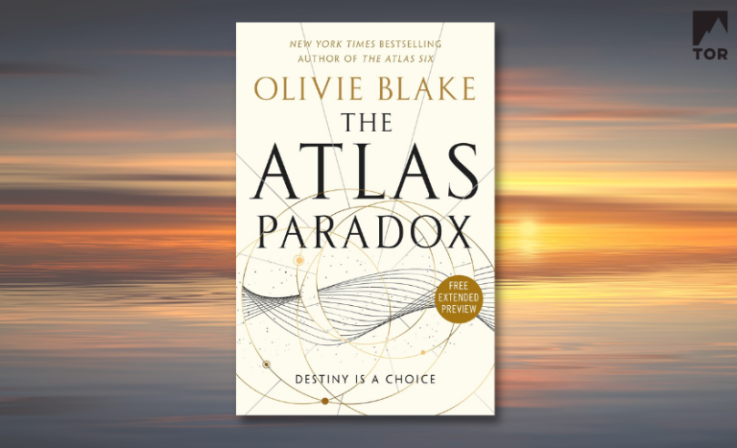 The Atlas Paradox by Olivie Blake (Digital Preview edition) set against a sunset beach background