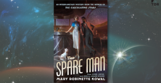 The Spare Man by Mary Robinette Kowal set against a planet / star-studded background