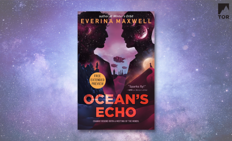 Ocean's Echo by Everina Maxwell over a background of blue space