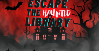 "Escape the Haunted Library" in bubble text in front of cartoony scary building