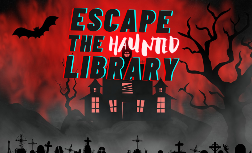 "Escape the Haunted Library" in bubble text in front of cartoony scary building