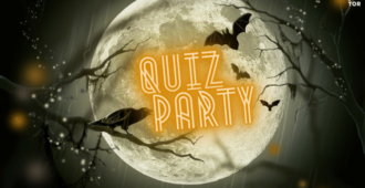 Quiz Party! in front of a halloween moon with bats, gnarly trees, and night birds