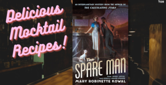 The Spare Man by Mary Robinette Kowal over a faded bar background with neon text reading "Delicious Mocktail Recipes!"