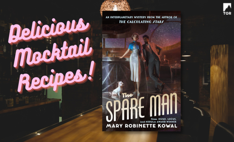 The Spare Man by Mary Robinette Kowal over a faded bar background with neon text reading "Delicious Mocktail Recipes!"
