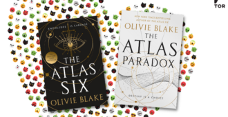 The Atlas Six and The Atlas Paradox by Olivie Blake in front of a colorful heart collage made of monster emojis
