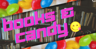 Books & Candy in front of a background of jellybeans and library shelves