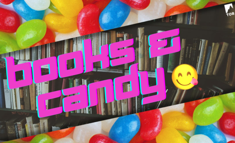 Books & Candy in front of a background of jellybeans and library shelves