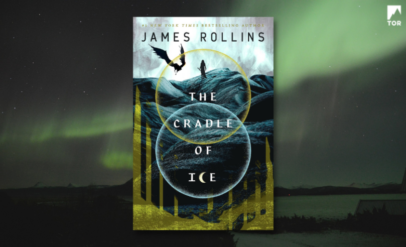 The Cradle of Ice by James Rollins floating in northern lights (green)