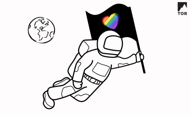 Astronaut with rainbow flag flying away from earth