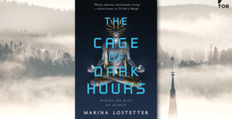 The Cage of Dark Hours by Marina Lostetter in front of a foggy wintery foresty land