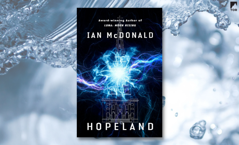 Hopeland by Ian McDonald in front of an abstract blue splash background