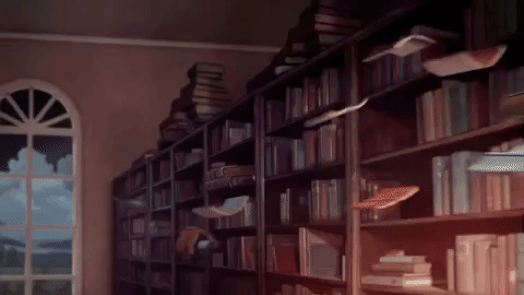 Books whimsically flying off a shelf to a concerned-looking guy
