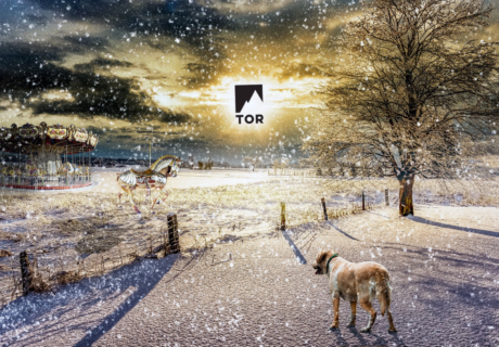 Goat in winter wonderland with carousel in background looking at a distance sun that's also the tor books logo