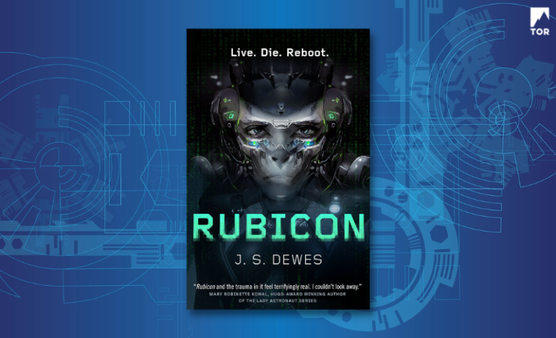 Rubicon by J. S. Dewes laid over a geometric blue abstract background