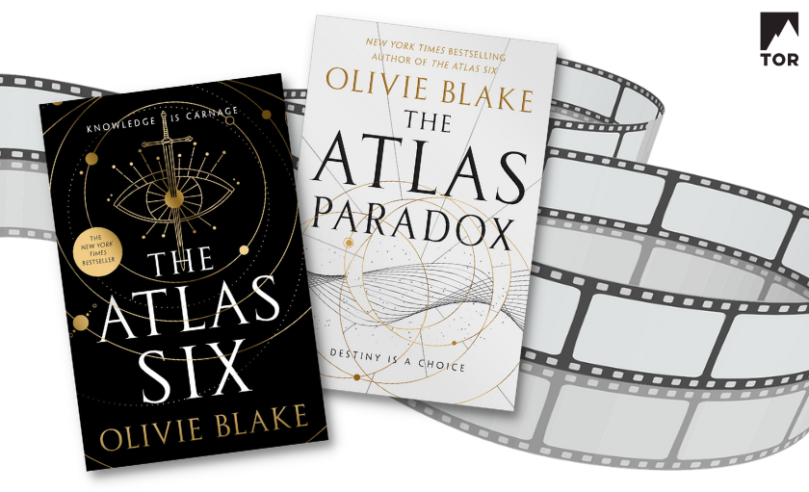 The Atlas Six and The Atlas Paradox by Olivie Blake in front of a film strip