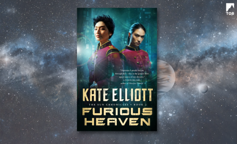 Furious Heaven by Kate Elliott in front of deep space