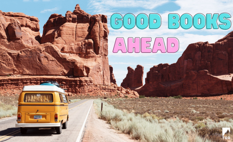 Van driving toward arches national park. Text: "Good Books Ahead"