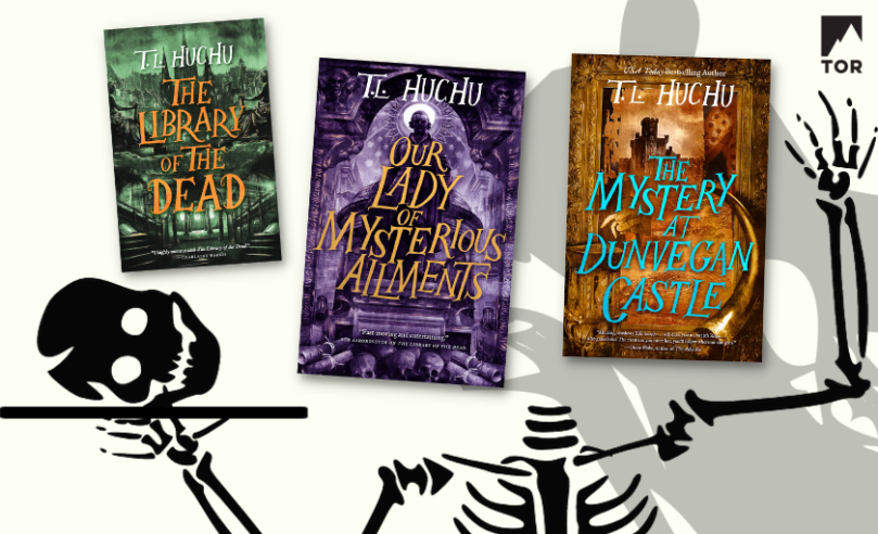 the library of the dead, our lady of mysterious ailments, and the mystery at dunvegan castle by t.l. huchu floating above a headless skeleton with its head on a platter with a phantom in the background