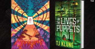 Art print next to In the Lives of Puppets by TJ Klune. The art print is a pleasingly kaleidoscopic blend of warm and cool colors